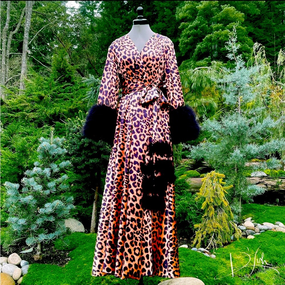 SOLD Authentic Catherine D’Lish Dressing Gown in Leopard with Maribou Cuffs